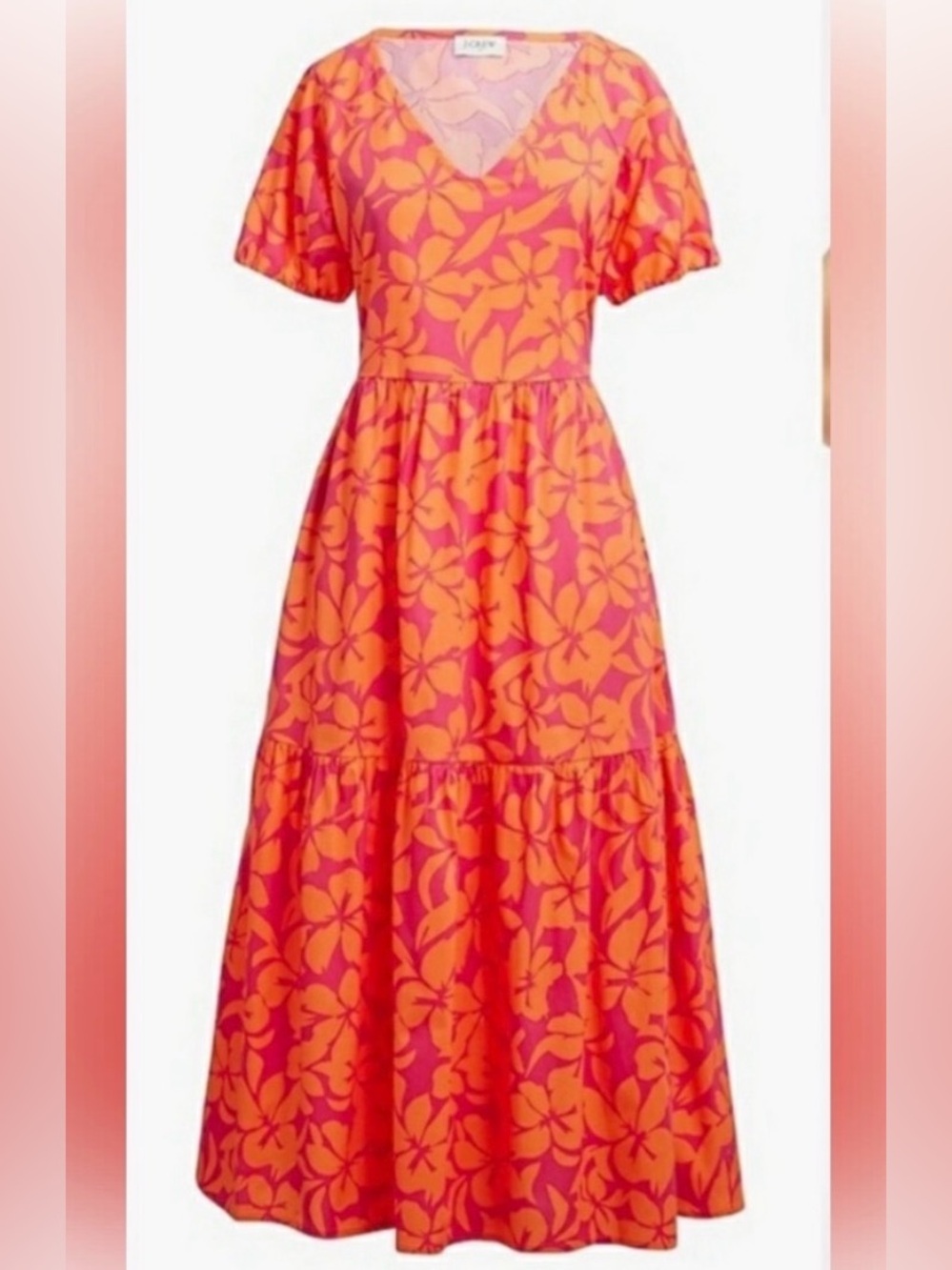 J. Crew Boho Floral Tiered Midi Dress Orange Pink Puff Sleeve 6 - Picture 2 of 10